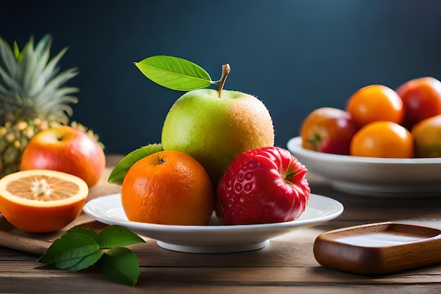 Un piatto di frutta e verdura con sopra un piatto di frutta