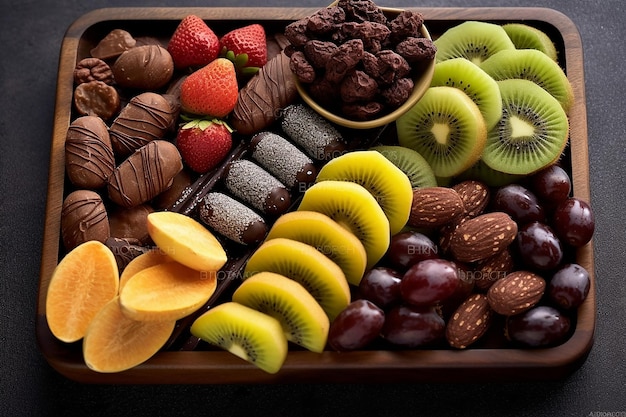 un piatto di frutta secca ricoperta di cioccolato assortita generata dall'intelligenza artificiale