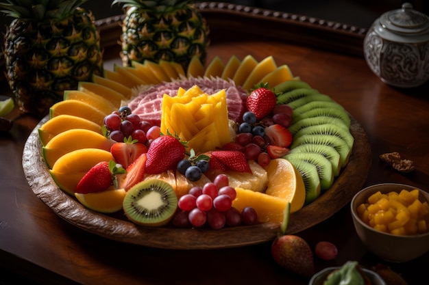 Un piatto di frutta su un tavolo con una ciotola di frutta