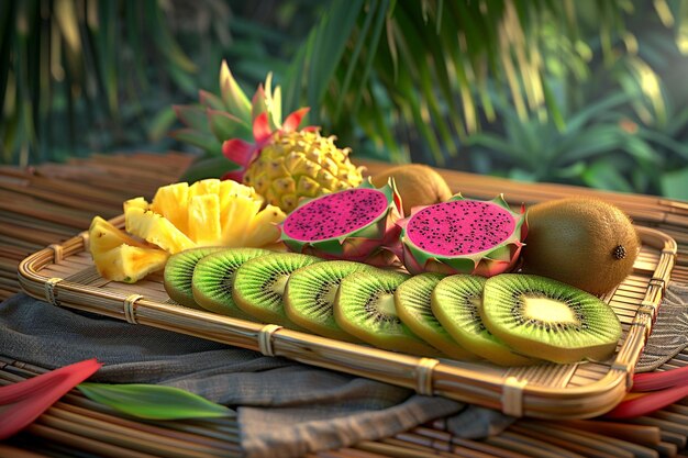 Un piatto di frutta tropicale con fette di ananas