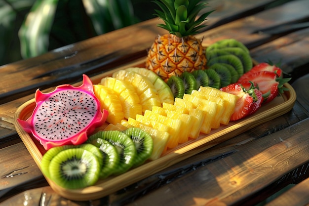 Un piatto di frutta tropicale con fette di ananas