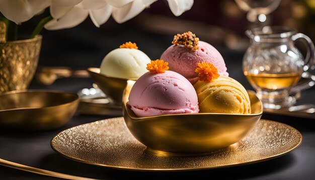 un piatto di gelati con un piatto d'oro con un fiore su di esso