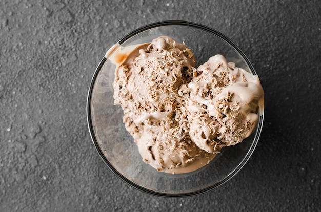 Un piatto di gelato artigianale al cioccolato con gocce di cioccolato.