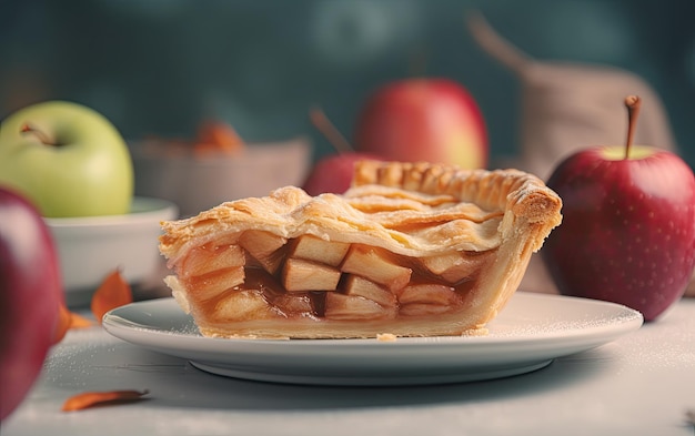 Un piatto di gustosa torta di mele su uno sfondo pastello foto di cibo professionale ai generato