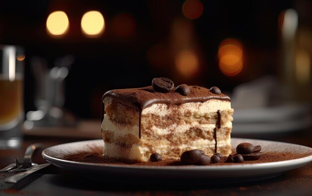 Un piatto di gustoso Tiramisu su uno sfondo di caffè foto pubblicitaria professionale di cibo ai generato