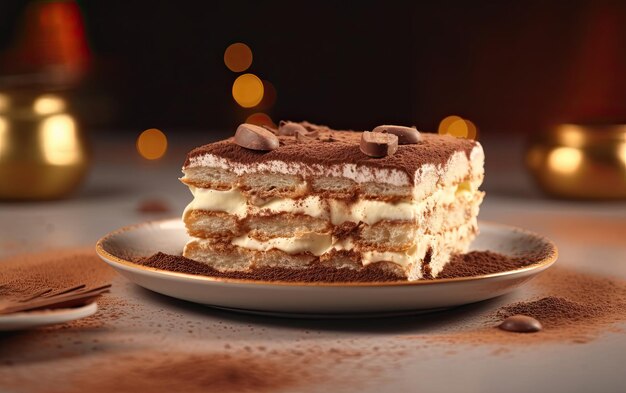 Un piatto di gustoso Tiramisu su uno sfondo pastello foto pubblicitaria professionale di cibo ai generato