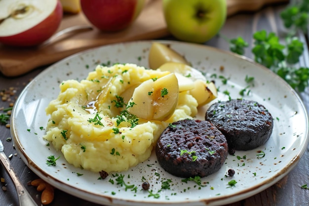 Un piatto di Himmel und Erde, un piatto tradizionale tedesco fatto di purè di patate, mele e budino nero