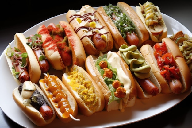 Un piatto di hot dog ciascuno condito con diversi condimenti e condimenti