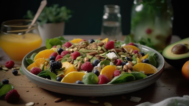 Un piatto di insalata con frutta e noci sopra