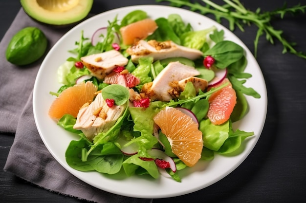 Un piatto di insalata con un'insalata di pollo e una fetta di avocado