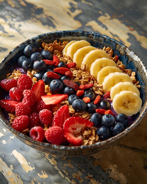 Un piatto di insalata di frutta coperto di granola una ricetta di superfood sul tavolo