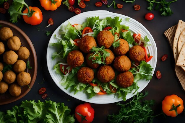 Un piatto di insalata fresca con un sano falafel fatto in casa