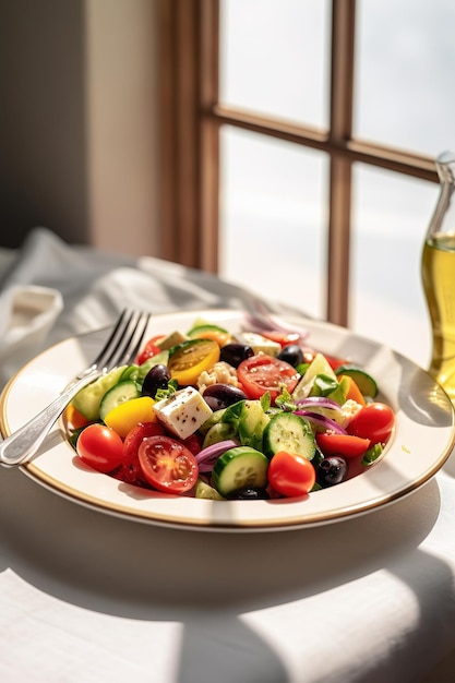 Un piatto di insalata greca con formaggio feta e olio d'oliva