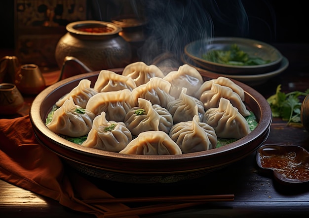 Un piatto di jiaozi appena cotto a vapore durante una celebrazione del Capodanno cinese