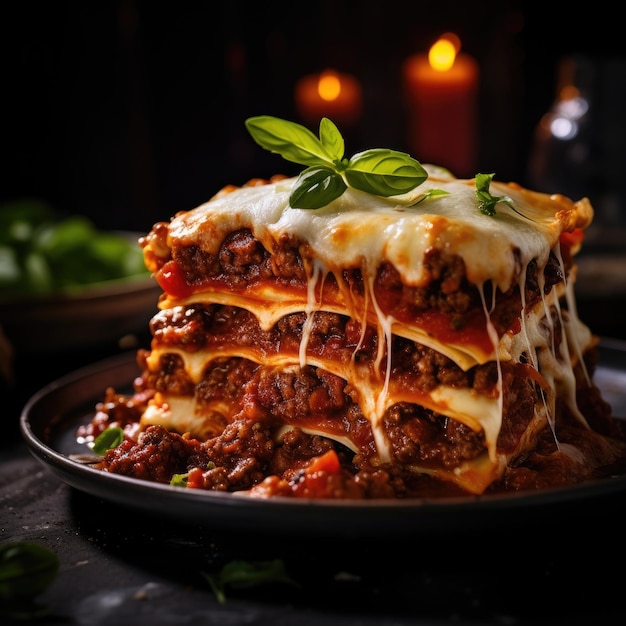 Un piatto di lasagne con foglie di basilico in cima