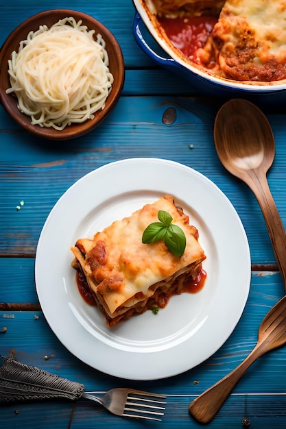 Un piatto di lasagne con un cucchiaio di legno su un tavolo di legno blu.