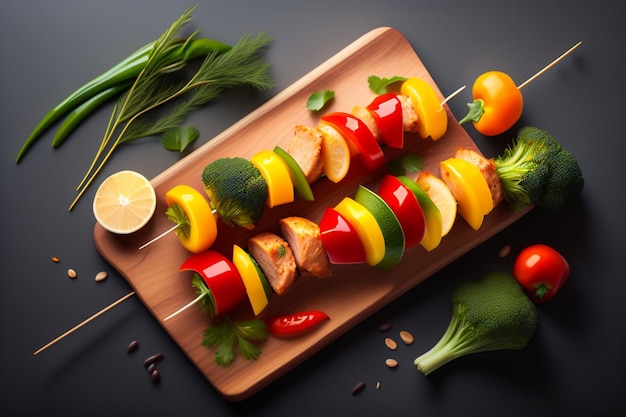 Un piatto di legno con verdure e uno spiedino con sopra un peperoncino.