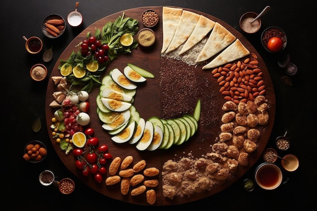 un piatto di legno pieno di diversi tipi di cibo