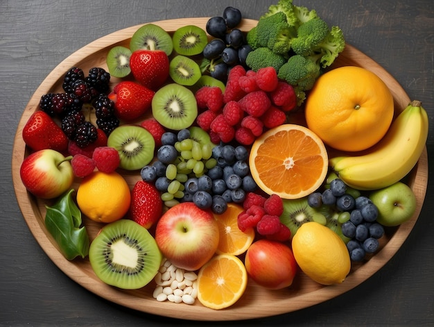 un piatto di legno pieno di frutta e verdura diversa su un tavolo
