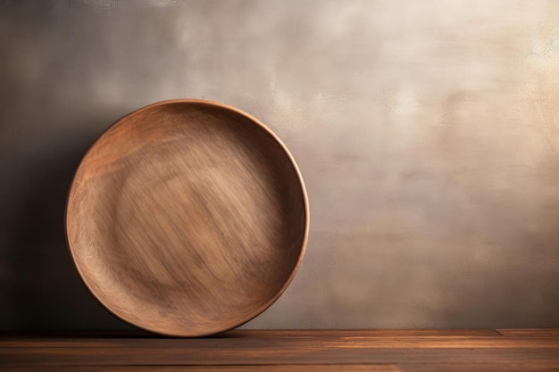 Un piatto di legno rotondo vuoto sul tavolo di fronte al muro grunge