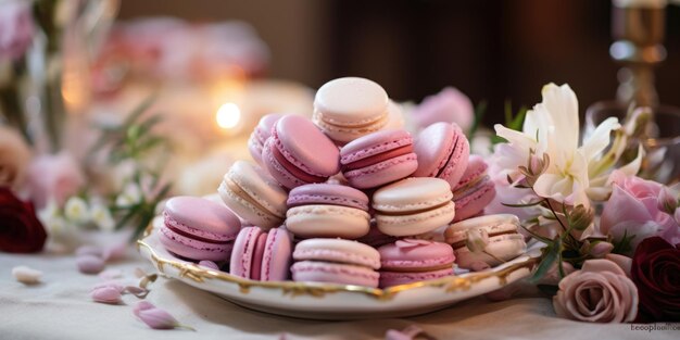 Un piatto di macarons su un tavolo con fiori Immagine digitale