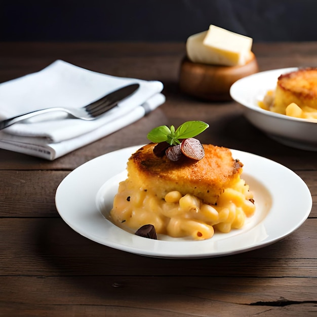 Un piatto di maccheroni e formaggio con sopra una fetta di pomodoro.