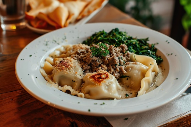 Un piatto di Maultaschen un piatto tradizionale svevo costituito da uno strato esterno di pasta di pasta riempito di carne macinata, carne affumicata, spinaci, briciole di pane e cipolle