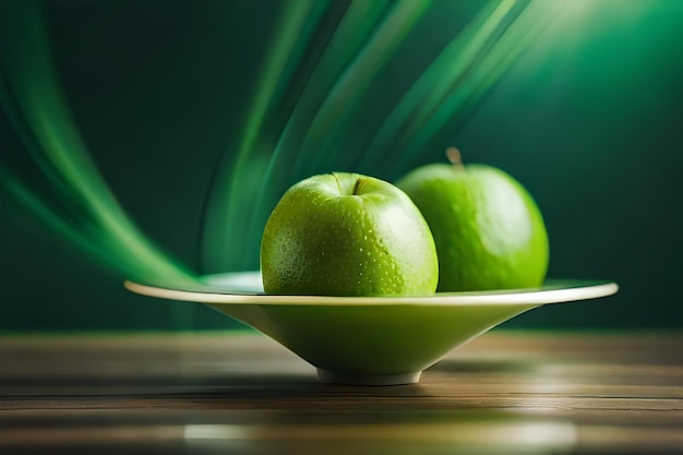 Un piatto di mele verdi e un piatto con uno sfondo verde.