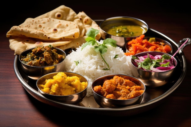 Un piatto di metallo riempito con un delizioso mix di vari prodotti alimentari che soddisferanno sicuramente ogni desiderio Un thali indiano pieno di curry colorati e riso Generato dall'intelligenza artificiale