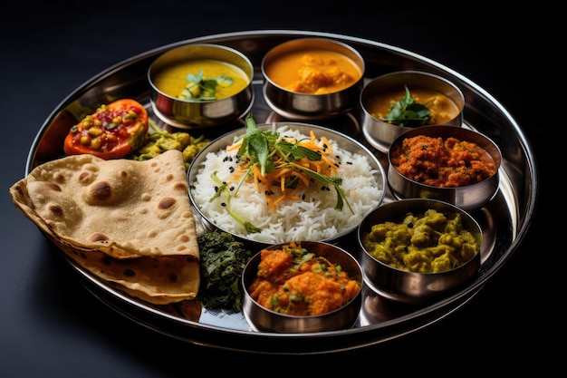 Un piatto di metallo splendidamente decorato con una deliziosa varietà di vari tipi di cibo Un thali indiano pieno di curry colorati e riso Generato dall'intelligenza artificiale