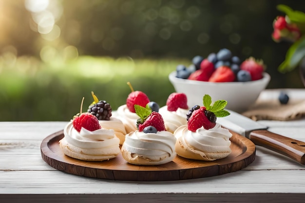 Un piatto di mini torte con frutti di bosco e una ciotola di lamponi.