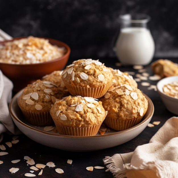 Un piatto di muffin di farina d'avena con sopra le mandorle.