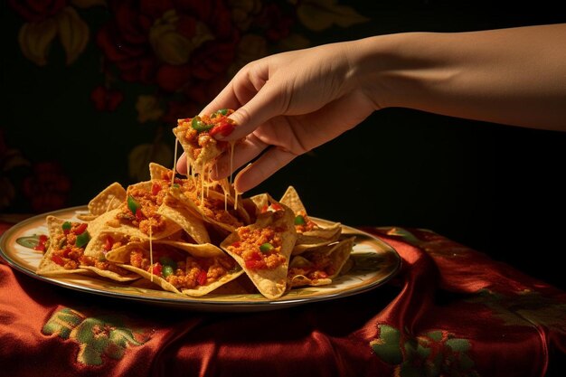 un piatto di nacho chips con una persona che tiene in mano una forchetta e un piatto di tortilla chips.