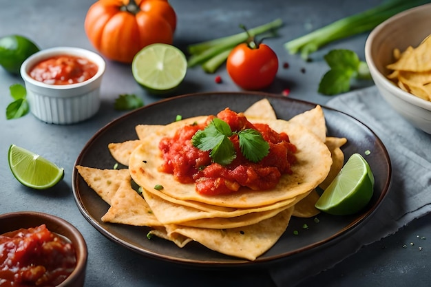 Un piatto di nachos con mais e una zucca in cima.