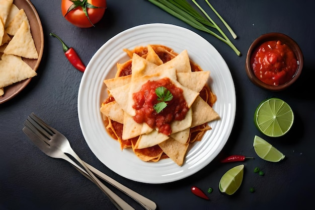 Un piatto di nachos con pomodori e salsa.