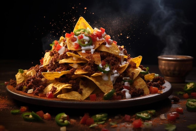 un piatto di nachos con sopra una ciotola di nachos