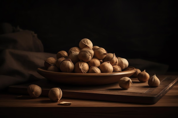 Un piatto di nocciole su un tavolo con un libro sul tavolo