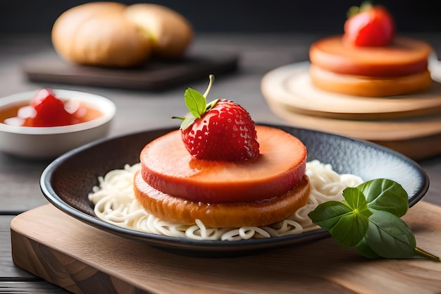 Un piatto di noodles con sopra una fragola