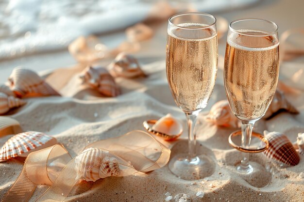 Un piatto di ostriche e lime su una spiaggia con un bel tempo e un'onda marina sullo sfondo accompagnato da due bicchieri di vino