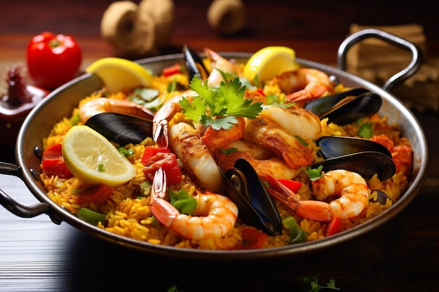 Un piatto di paella con un assortimento di frutti di mare