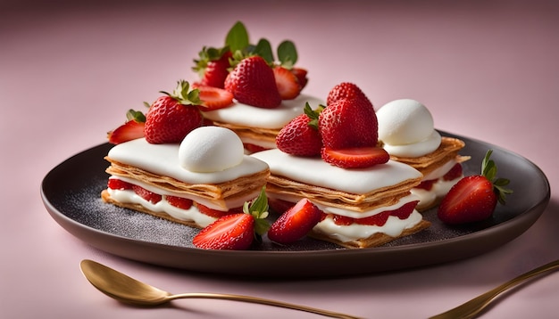 un piatto di pancake con fragole e crema su di esso con un cucchiaio