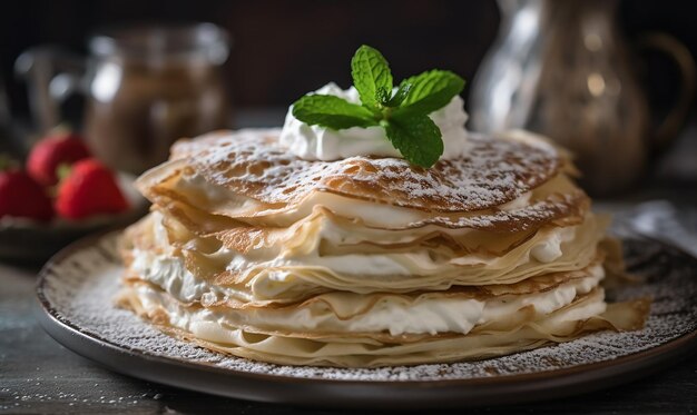 un piatto di pancake con panna montata e una menta sopra.