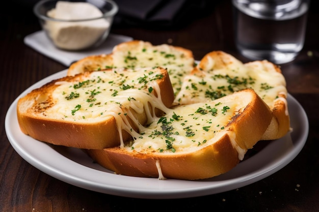 Un piatto di pane all'aglio con sopra una fetta di formaggio