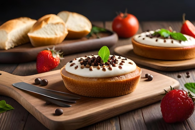 Un piatto di pane con una crema di formaggio cremoso spalmato sopra di esso.