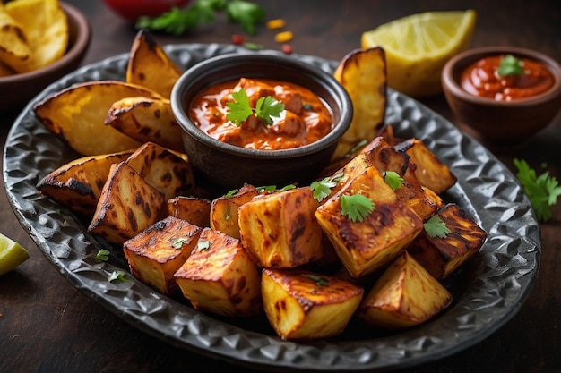 Un piatto di paneer tikka servito con patate croccanti