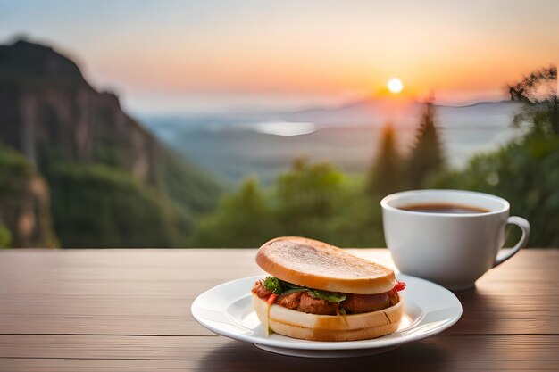 Un piatto di panini e una tazza di caffè su un tavolo al tramonto.