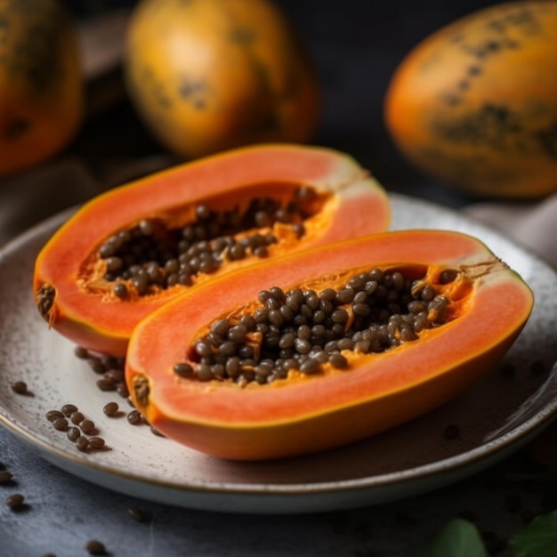 Un piatto di papaya con semi sopra