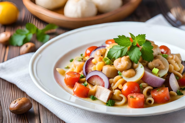 Un piatto di pasta con ceci e pomodorini