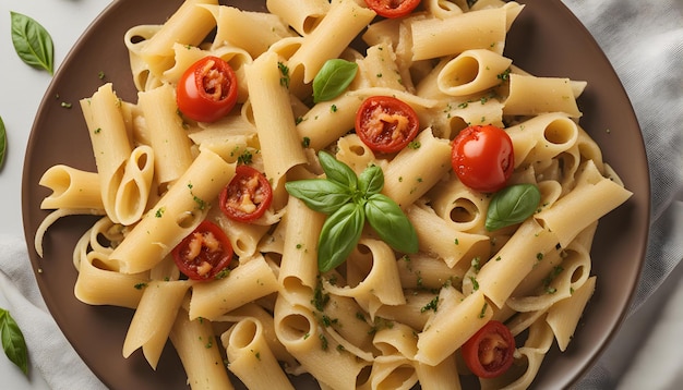 un piatto di pasta con pomodori e basilico