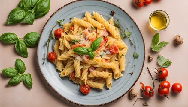 un piatto di pasta con pomodori, formaggio e basilico